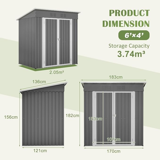 Ball & Cast 6 × 4 ft Metal Garden Shed with Lockable Doors – Brown/Grey - Image 5