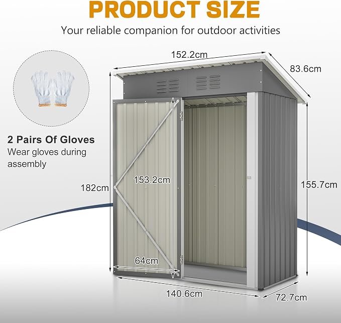 Ball & Cast 5 × 3 ft Metal Garden Shed with Lockable Doors & Sloping Roof – Grey