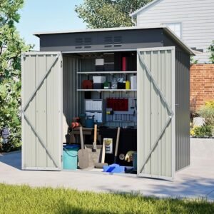 Ball & Cast 6 × 4 ft Metal Garden Shed with Lockable Doors – Brown/Grey