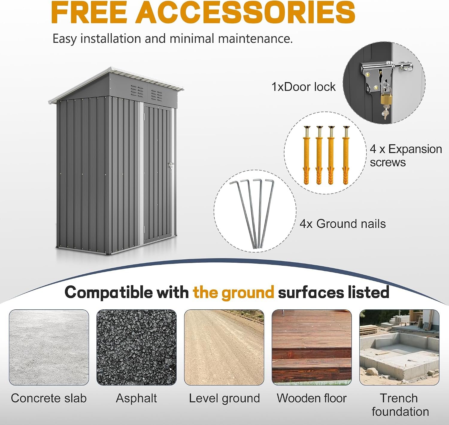 Ball & Cast 5 × 3 ft Metal Garden Shed with Lockable Doors & Sloping Roof – Grey - Image 4