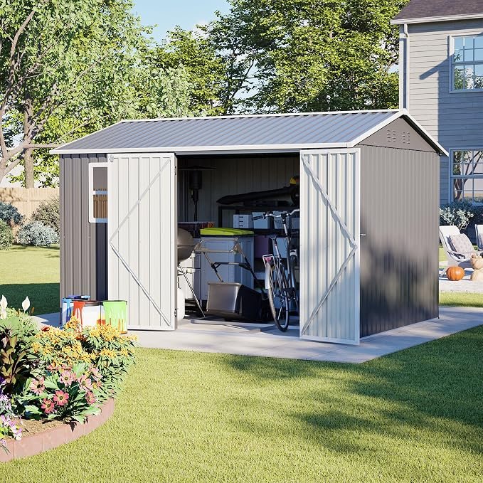 Ball & Cast 8 × 10 ft Galvanised Metal Garden Shed with Sliding Door – Grey